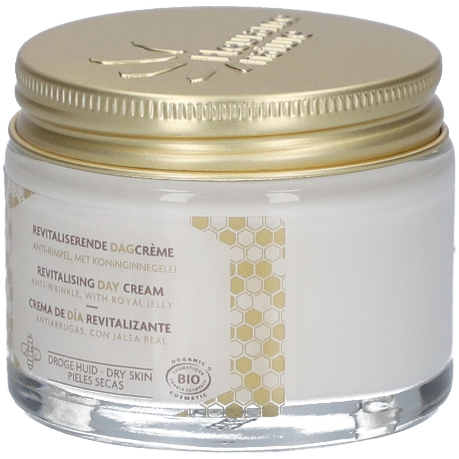 Pot met goudkleurig deksel. Opschrift: Revitalisierende Dagcrème, Anti-Rimpel, met Koninginnegelei. Bio-keurmerk. Honingraat ontwerp.