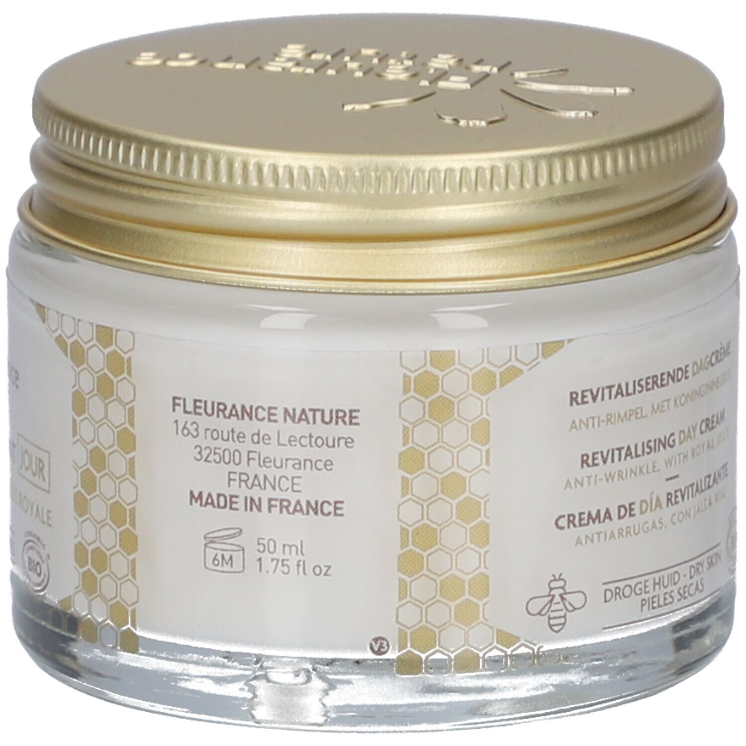 Pot met goudkleurig deksel. Opschrift: Fleurance Nature, 50 ml, 1.75 fl oz. Adres en herkomst. Bio-keurmerk. Honingraat ontwerp.