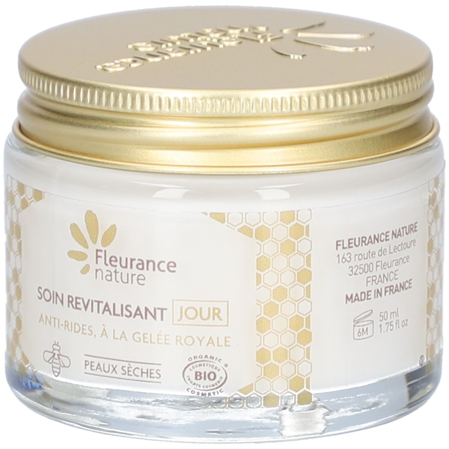 Dagcrème pot met gouden deksel. Opschrift: Fleurance Nature, Soin Revitalisant Jour, Anti-Rides, à la Gelée Royale. Bio-keurmerk.