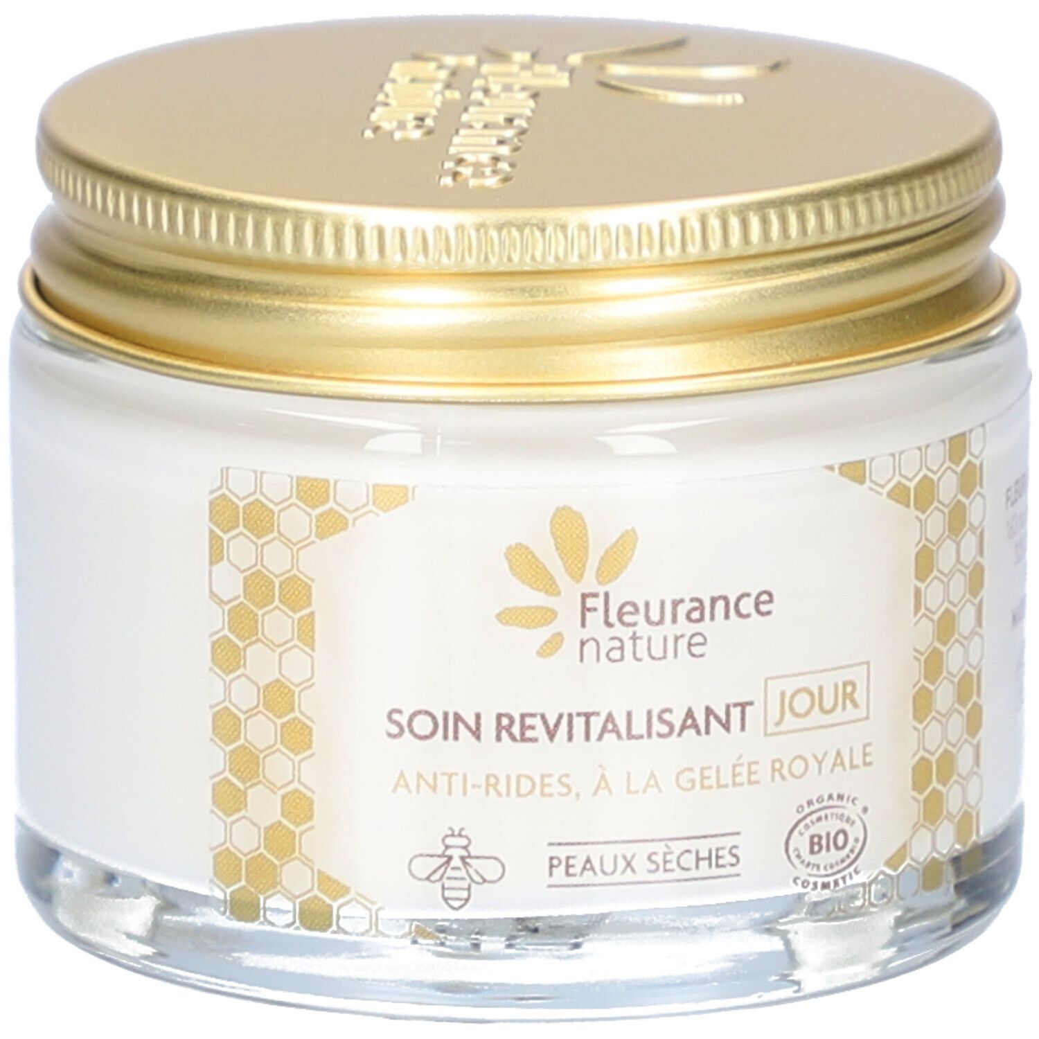 Dagcrème pot met gouden deksel. Opschrift: Fleurance Nature, Soin Revitalisant Jour, Anti-Rides, à la Gelée Royale. Bio-keurmerk.