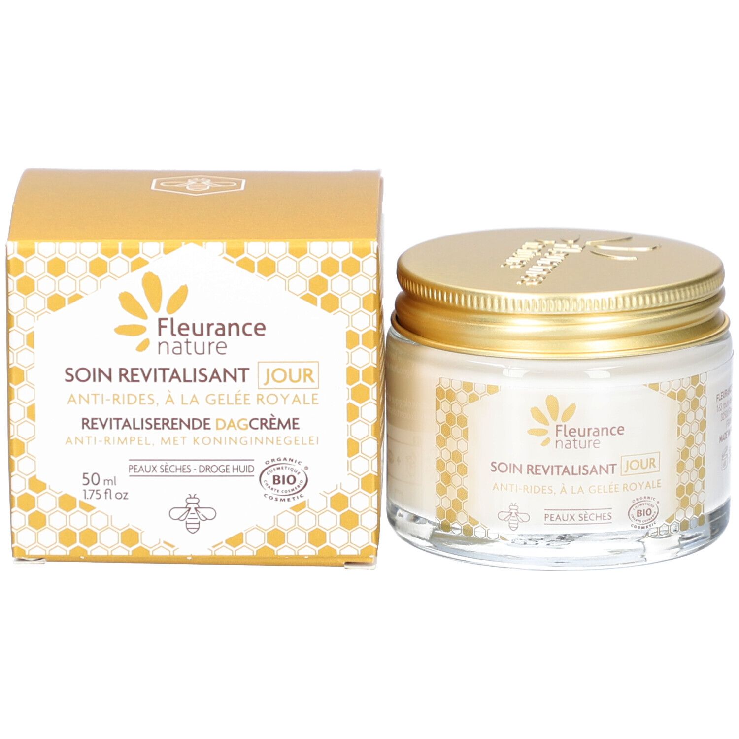 Productverpakking met crème pot en doos. Opschrift: Fleurance Nature, Soin Revitalisant Jour, Anti-Rides, à la Gelée Royale. Bio-keurmerk.