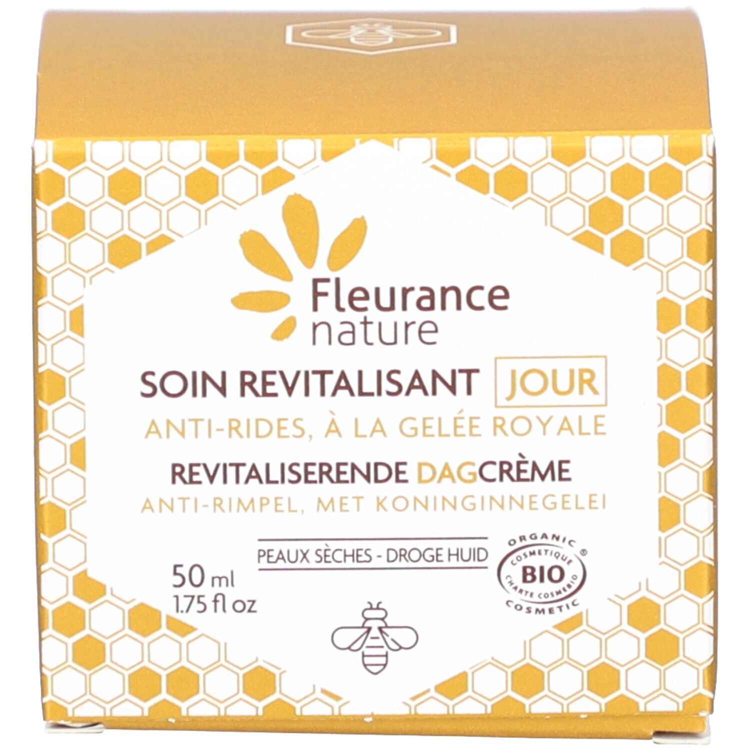 Kartonnen verpakking. Opschrift: Fleurance Nature, Soin Revitalisant Jour, Anti-Rides, à la Gelée Royale. Revitalisierende Dagcrème. Bio-keurmerk.