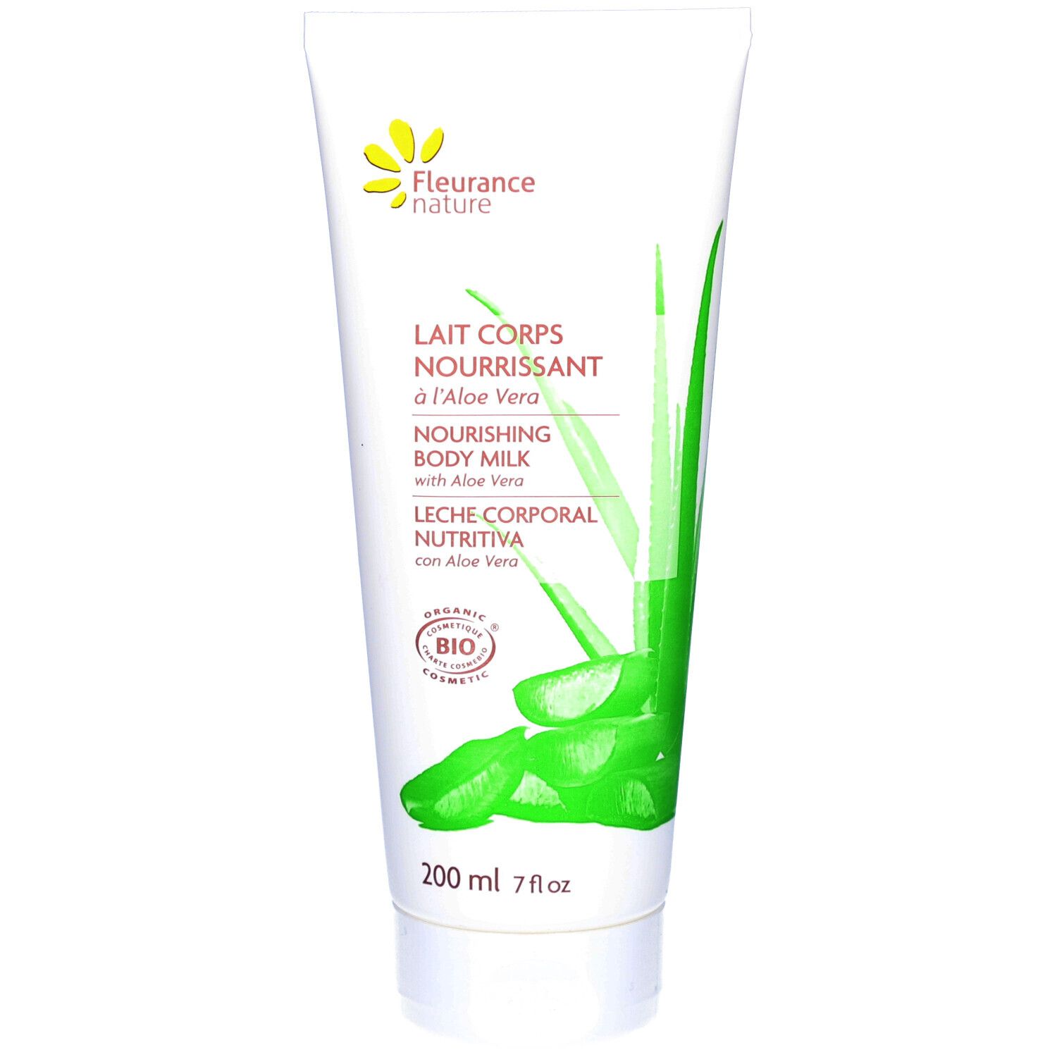 Tube de lait corporel avec logo et texte. Contient de l'aloe vera bio. Emballage vert et blanc avec illustration d'aloe vera.