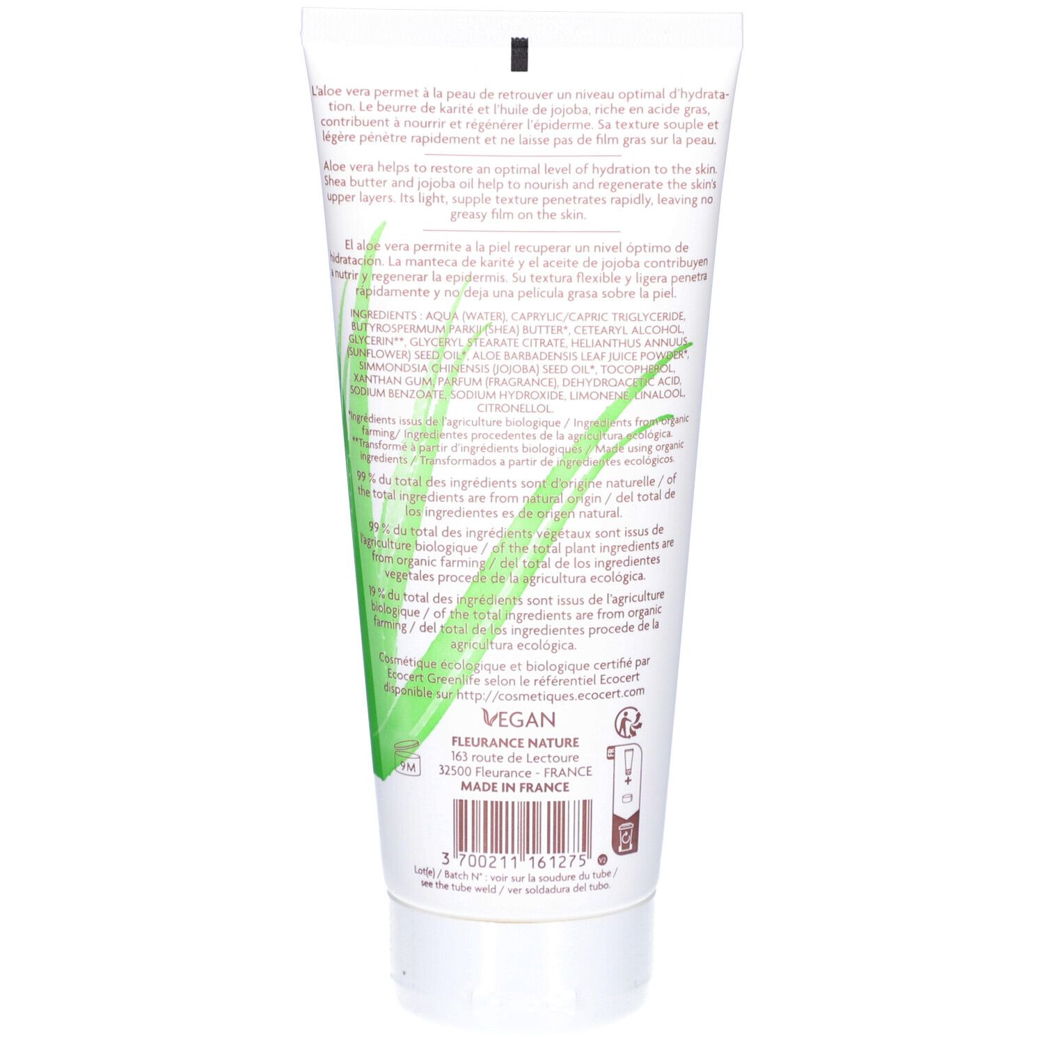 Dos du tube de lait corporel. Texte avec ingrédients et certifications. Label vegan. Code-barres et informations fabricant.