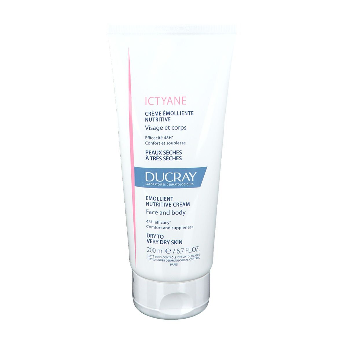 Witte tube met productnaam en logo. Franse tekst. Voor gezicht en lichaam. 200 ml.
