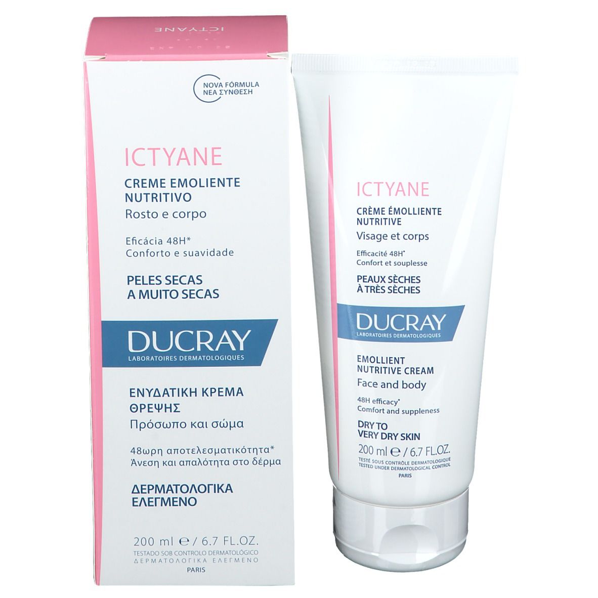 Product en verpakking. Witte tube en roze doos. Franse tekst. Voor gezicht en lichaam. 200 ml.