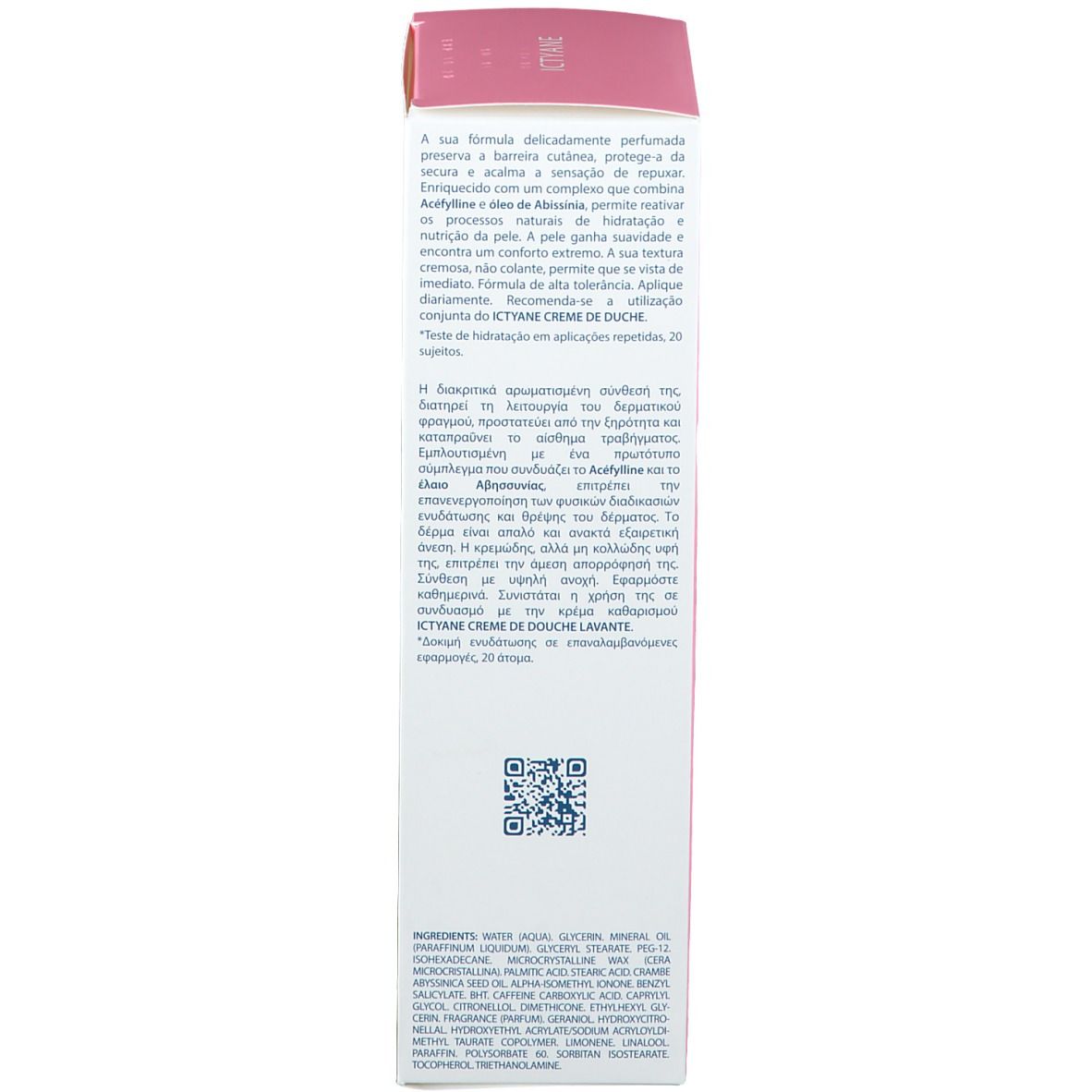 Verpakking. Roze doos met productnaam en logo. Franse tekst. Voor gezicht en lichaam. 200 ml.