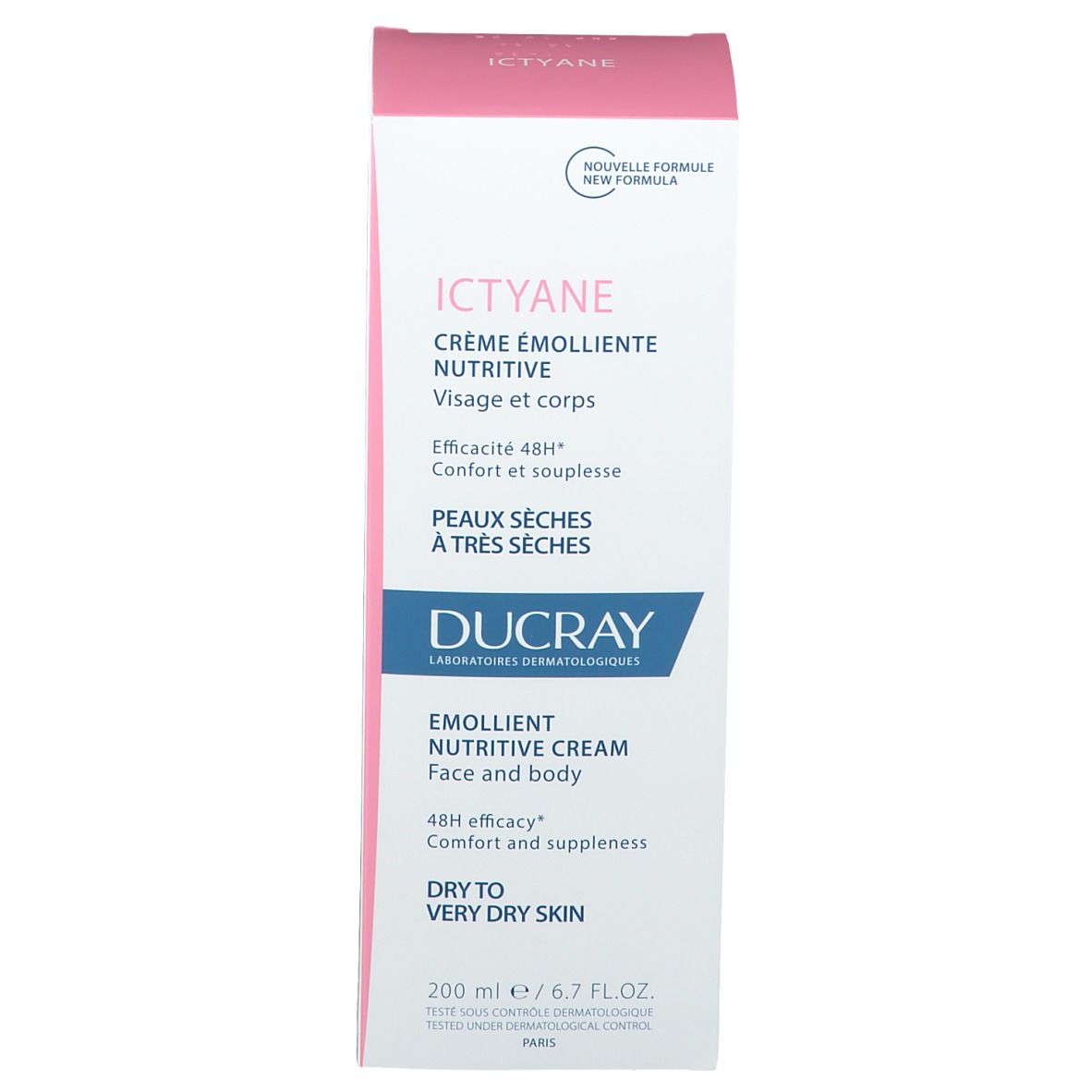 Verpakking. Roze doos met productnaam en logo. Franse tekst. Voor gezicht en lichaam. 200 ml.