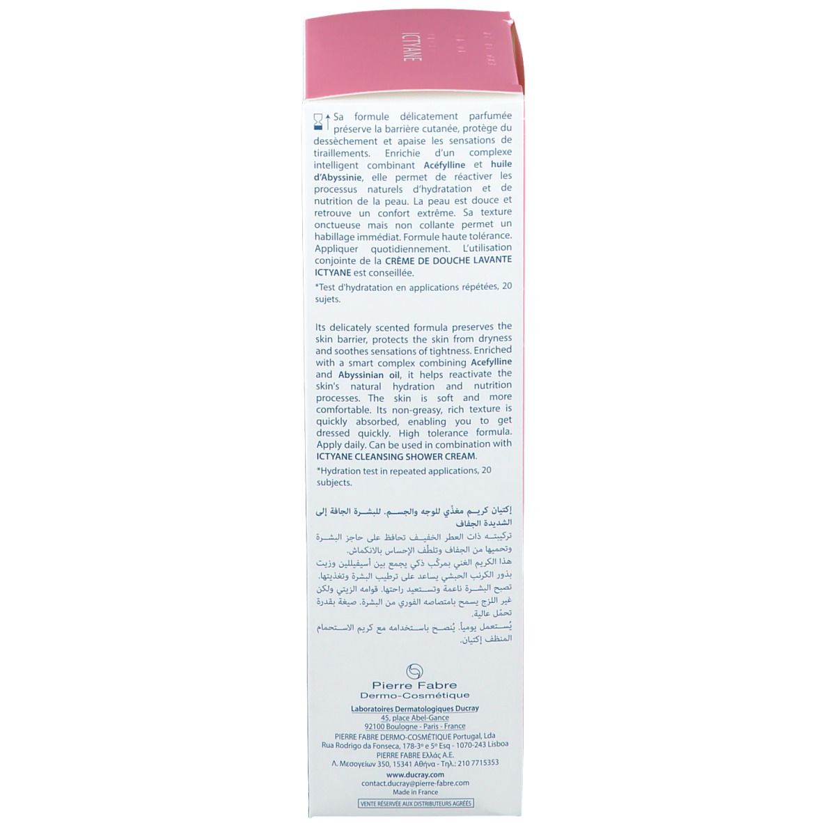 Verpakking. Roze doos met productnaam en logo. Franse tekst. Voor gezicht en lichaam. 200 ml.