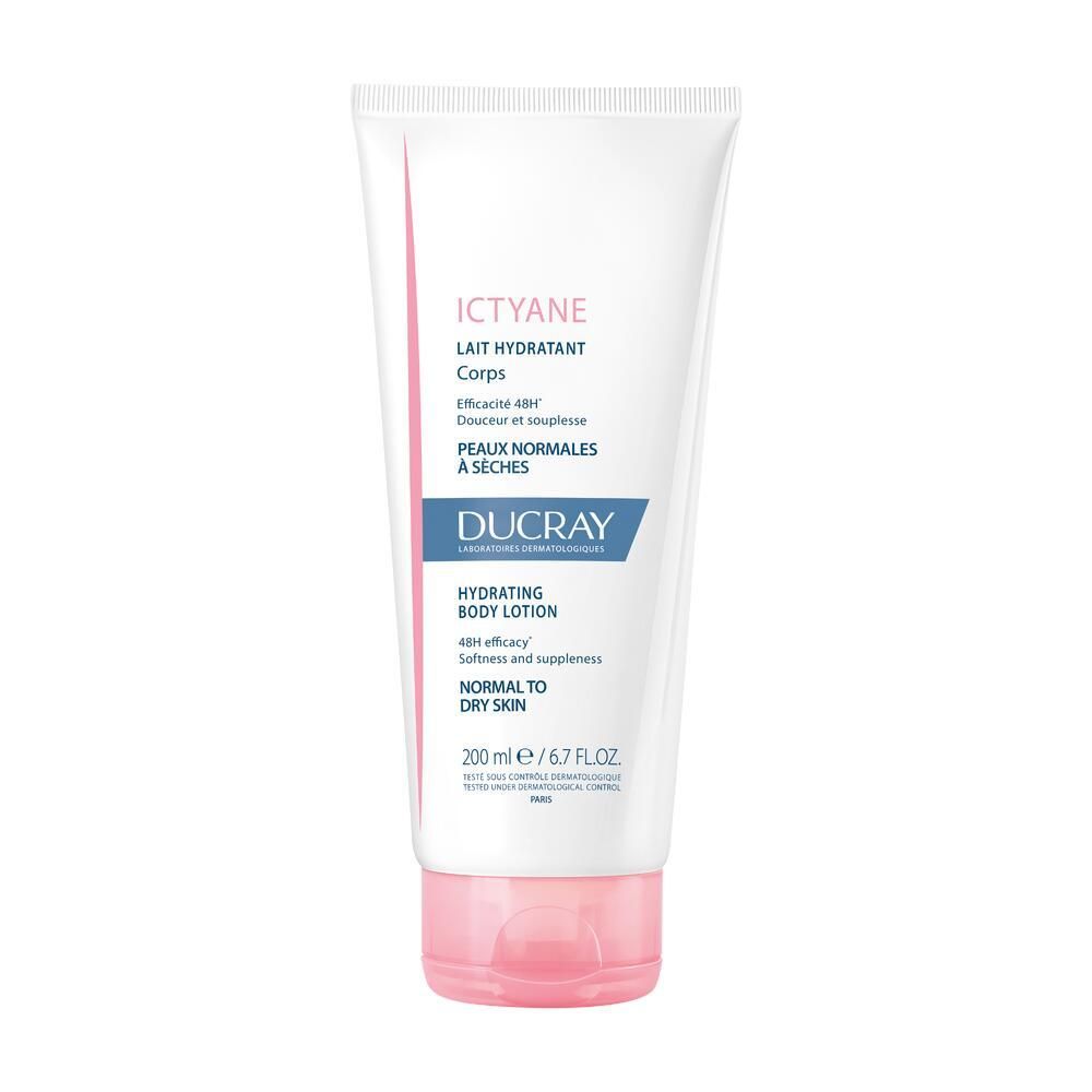 Witte tube met roze dop. Opschrift: Ictyane, Lait Hydratant Corps, Ducray. Voor normale tot droge huid.