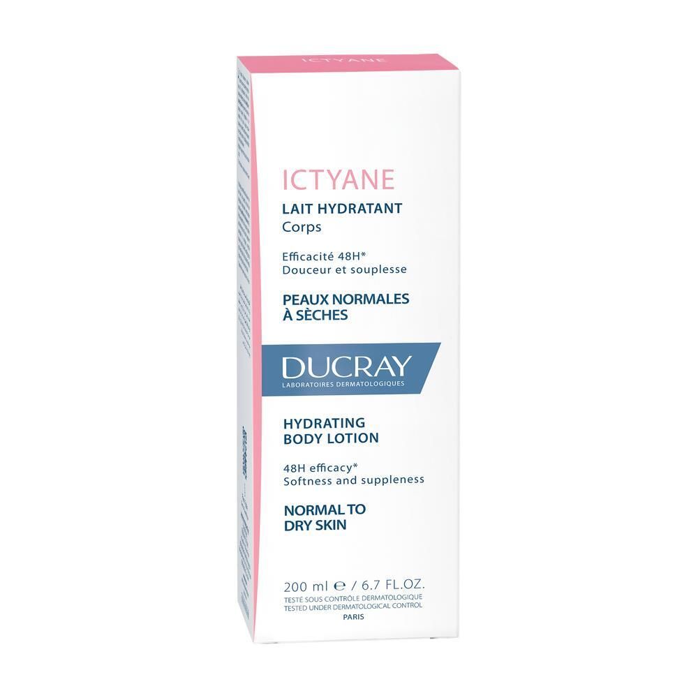 Kartonnen verpakking. Opschrift: Ictyane, Lait Hydratant Corps, Ducray. Voor normale tot droge huid.