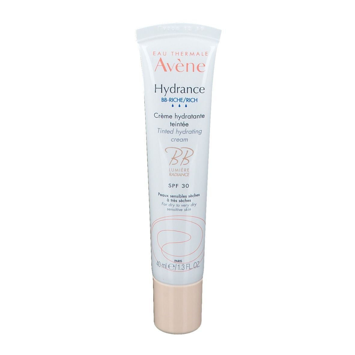 Crèmetube met witte dop. Opschrift: Eau Thermale Avène, Hydrance BB-Rich, Crème hydratante teintée, SPF 30.