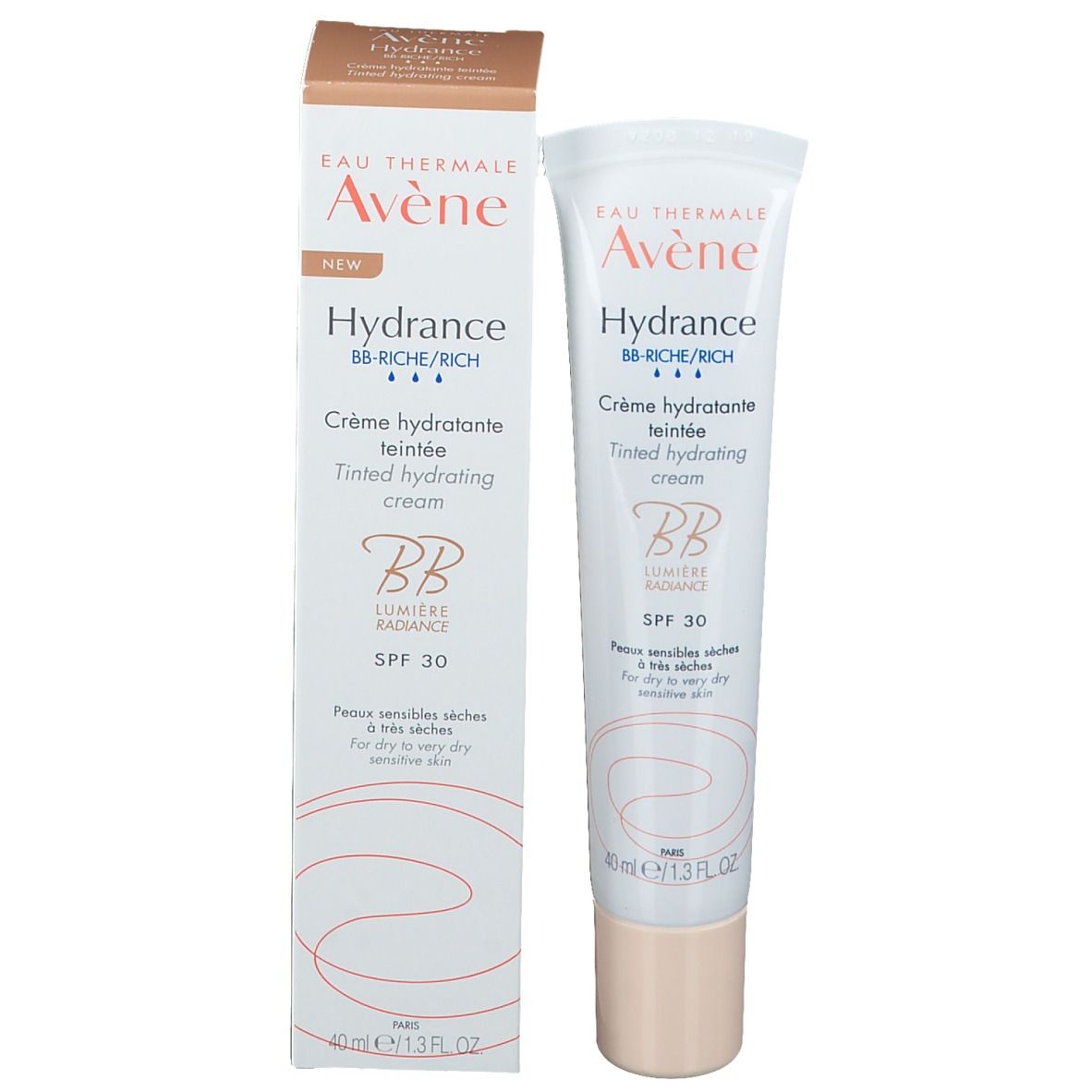 Product en doos. Opschrift: Eau Thermale Avène, Hydrance BB-Rich, Crème hydratante teintée, SPF 30. Nieuw.