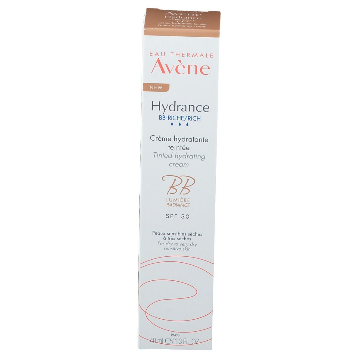 Kartonnen verpakking. Opschrift: Eau Thermale Avène, Hydrance BB-Rich, Crème hydratante teintée, SPF 30. Nieuw.