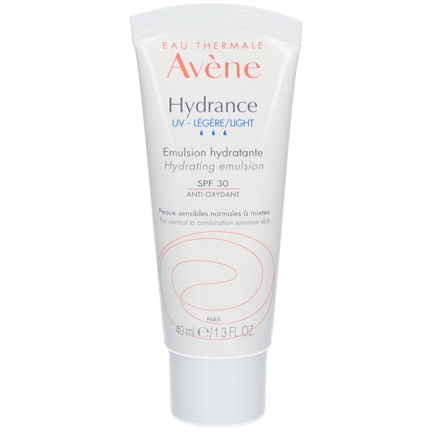 Tube blanc Avene Hydrance Emulsion. Texte: SPF 30, Anti-oxydant. Pour peaux normales à mixtes.