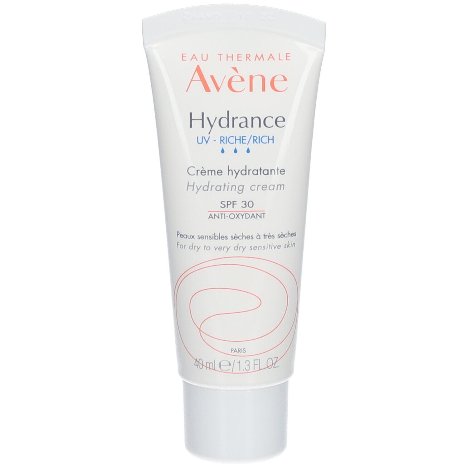 Tube blanc Avene Hydrance SPF 30. Texte et logo orange. 40ml.