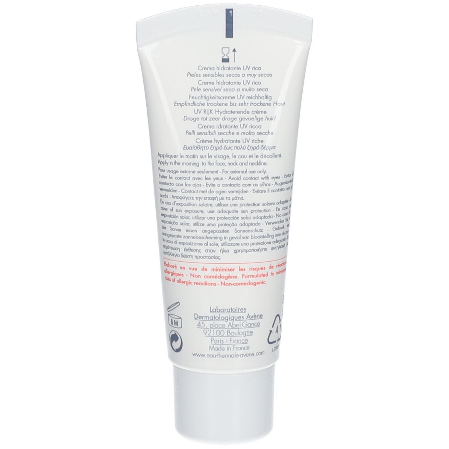 Dos du tube crème Avene Hydrance blanc. Texte multilingue. Symbole de recyclage.