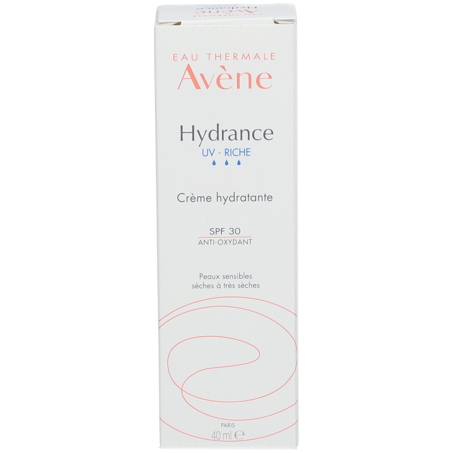 Boîte blanche Avene Hydrance SPF 30. Texte et logo orange. 40ml.