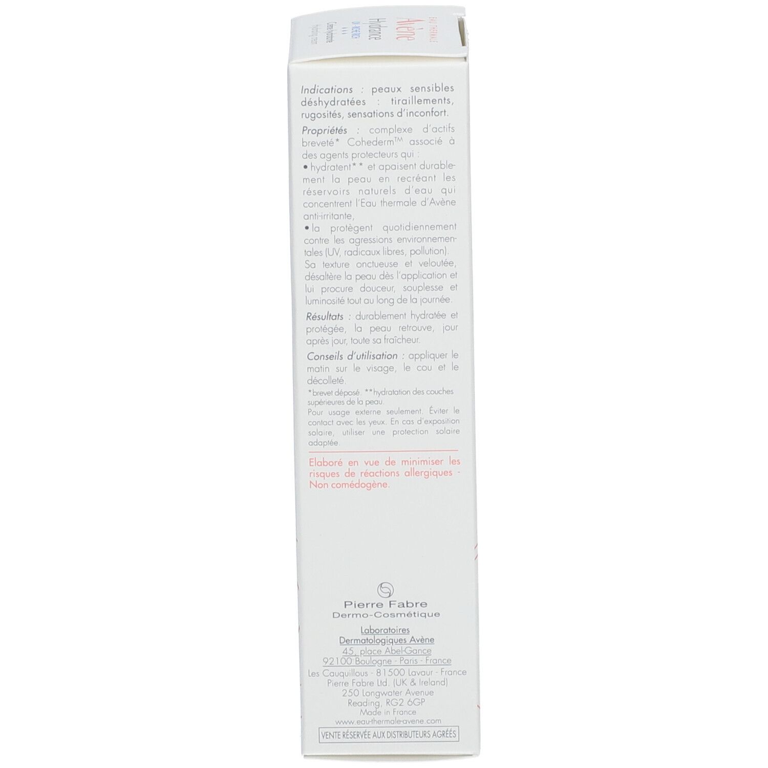 Côté de la boîte crème Avene Hydrance blanche. Texte multilingue. Ingrédients.