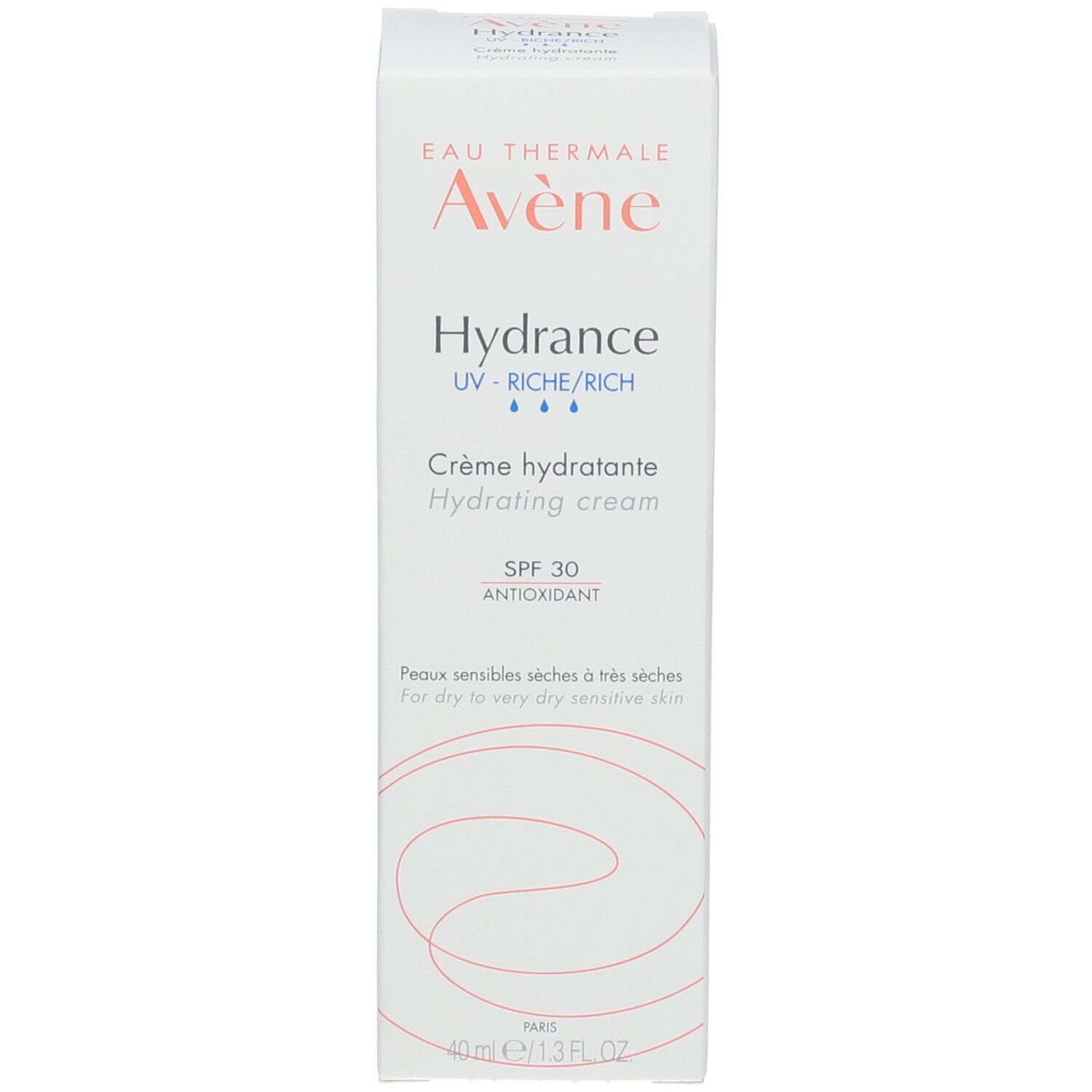 Boîte blanche Avene Hydrance SPF 30. Texte et logo orange. 40ml.