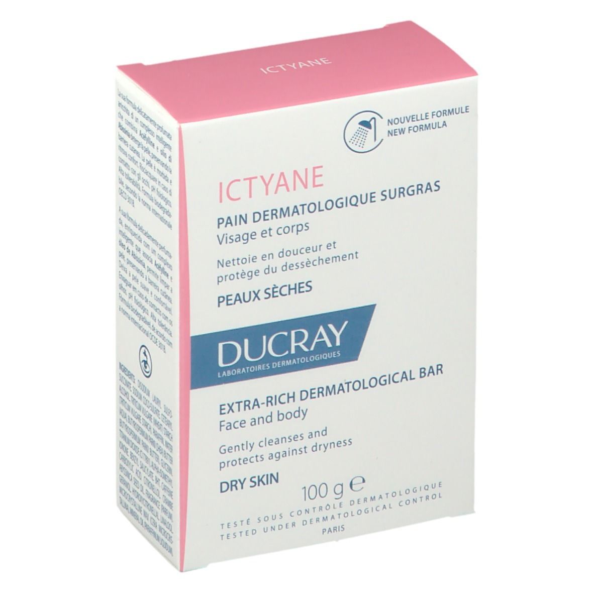 Emballage DUCRAY Ictyane. Boîte rose et blanche avec nom, description et 100g.