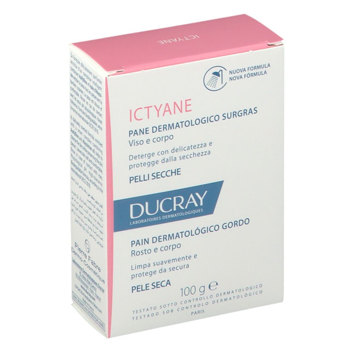 Emballage DUCRAY Ictyane. Boîte rose et blanche avec nom, description et 100g.