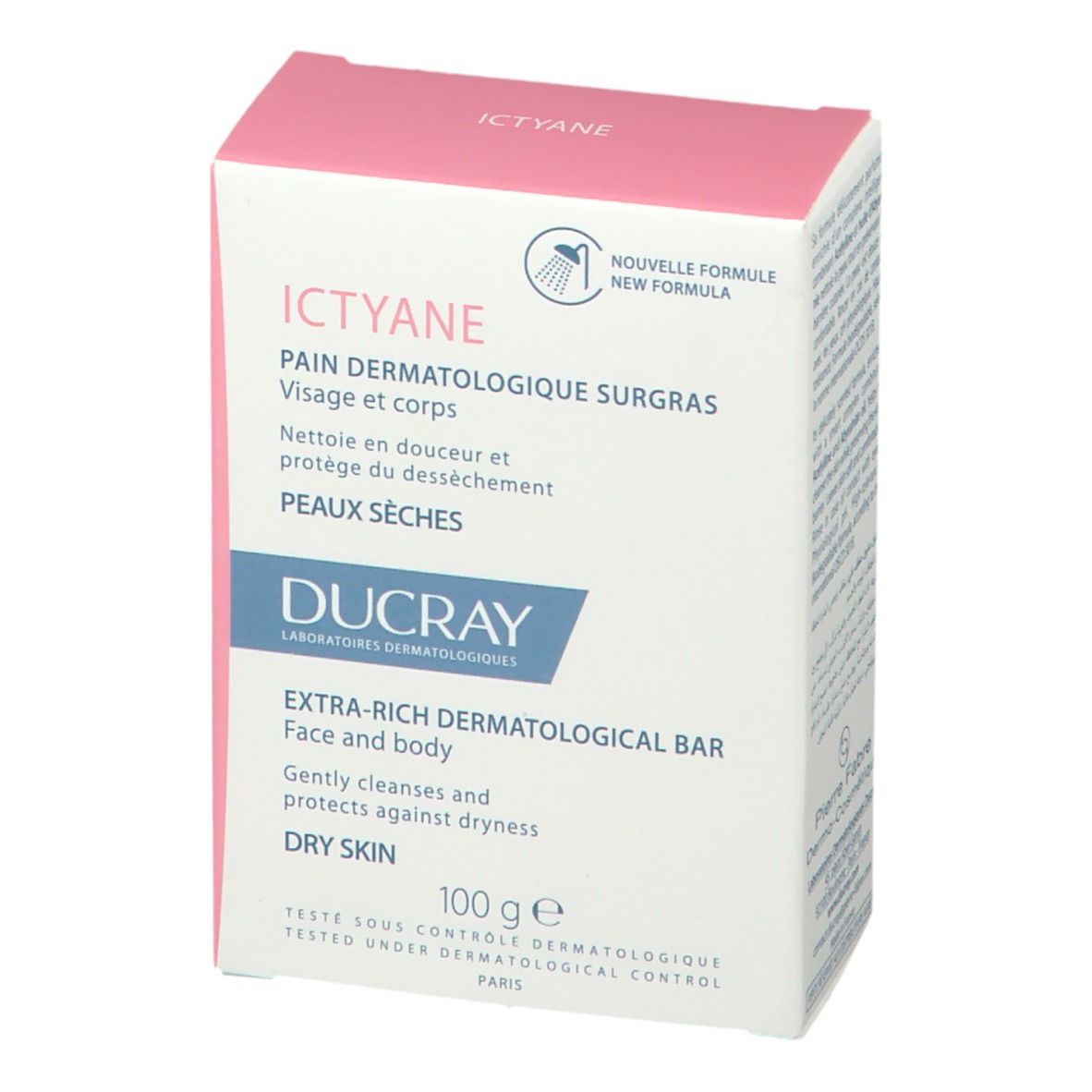 Emballage DUCRAY Ictyane. Boîte rose et blanche avec nom, description et 100g.