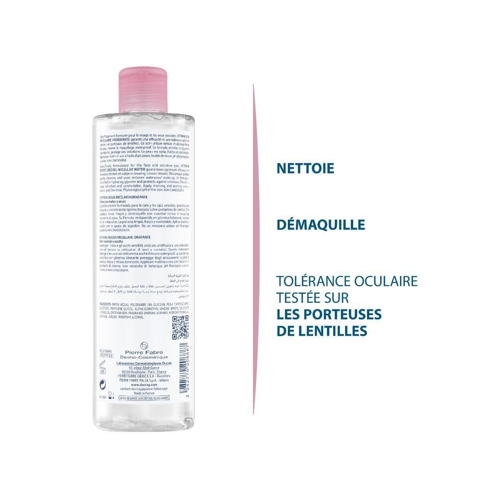 Achterkant van de fles. Etiket met tekst, QR-code en fabrikantinfo. Roze streep met tekst: Nettoie, Démaquille.