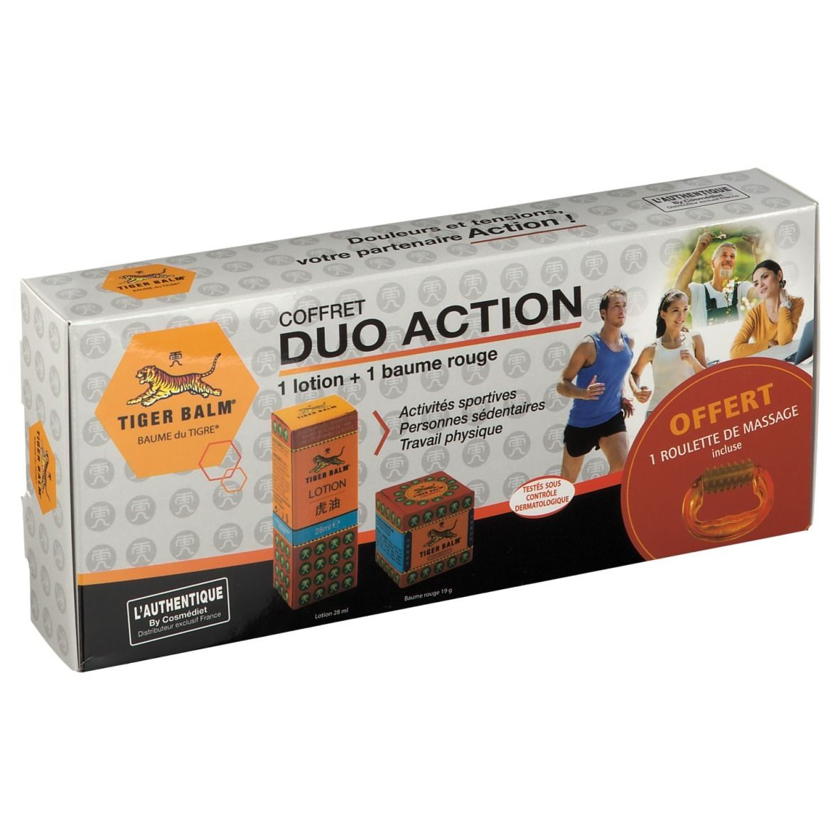 Tiger Balm Duo Action Set: Lotion en rode balsem in geschenkverpakking met sporters.
