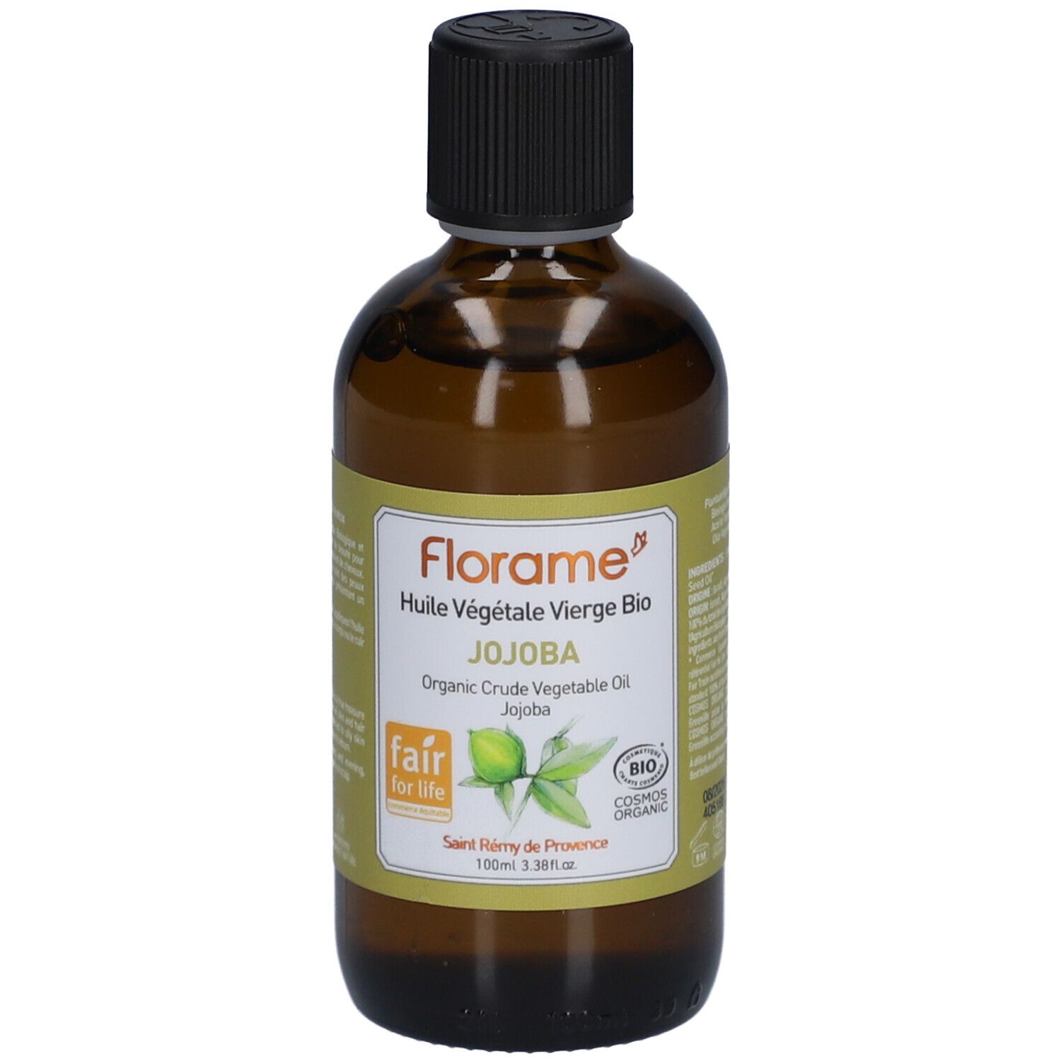 Flacon en verre brun avec bouchon noir. Étiquette avec texte: FLORAME, Jojoba, certification bio. Label Fair for Life.