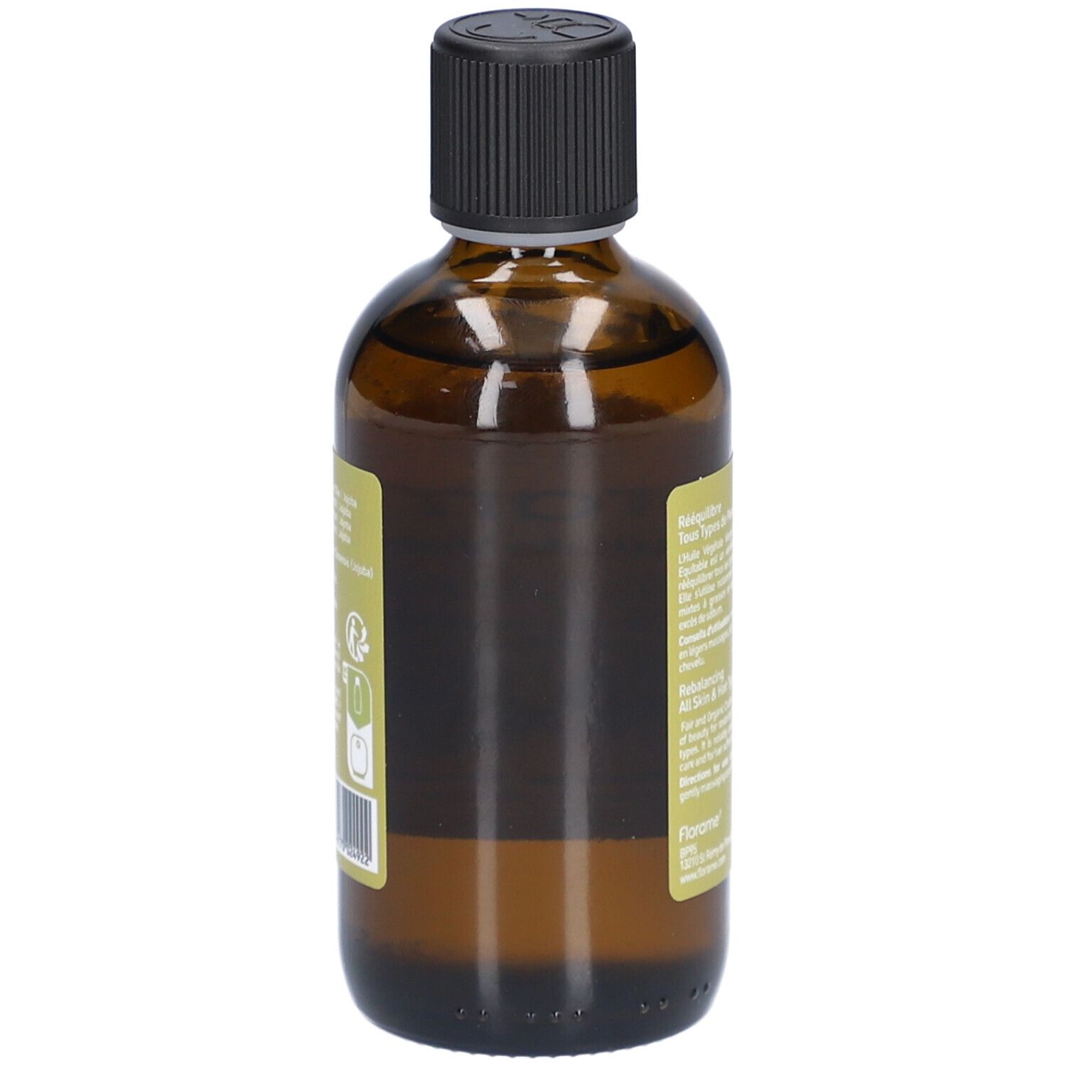 Dos d'une bouteille en verre brun avec bouchon noir. Étiquette avec texte et logos. Certification bio et code-barres.