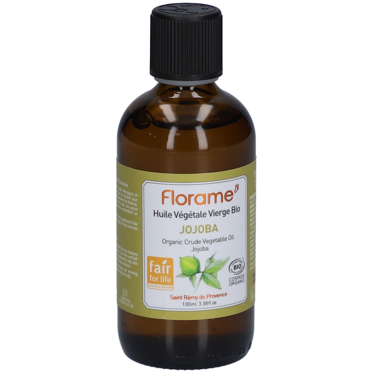 Flacon en verre brun avec bouchon noir. Étiquette avec texte: FLORAME, Jojoba, certification bio. Label Fair for Life.
