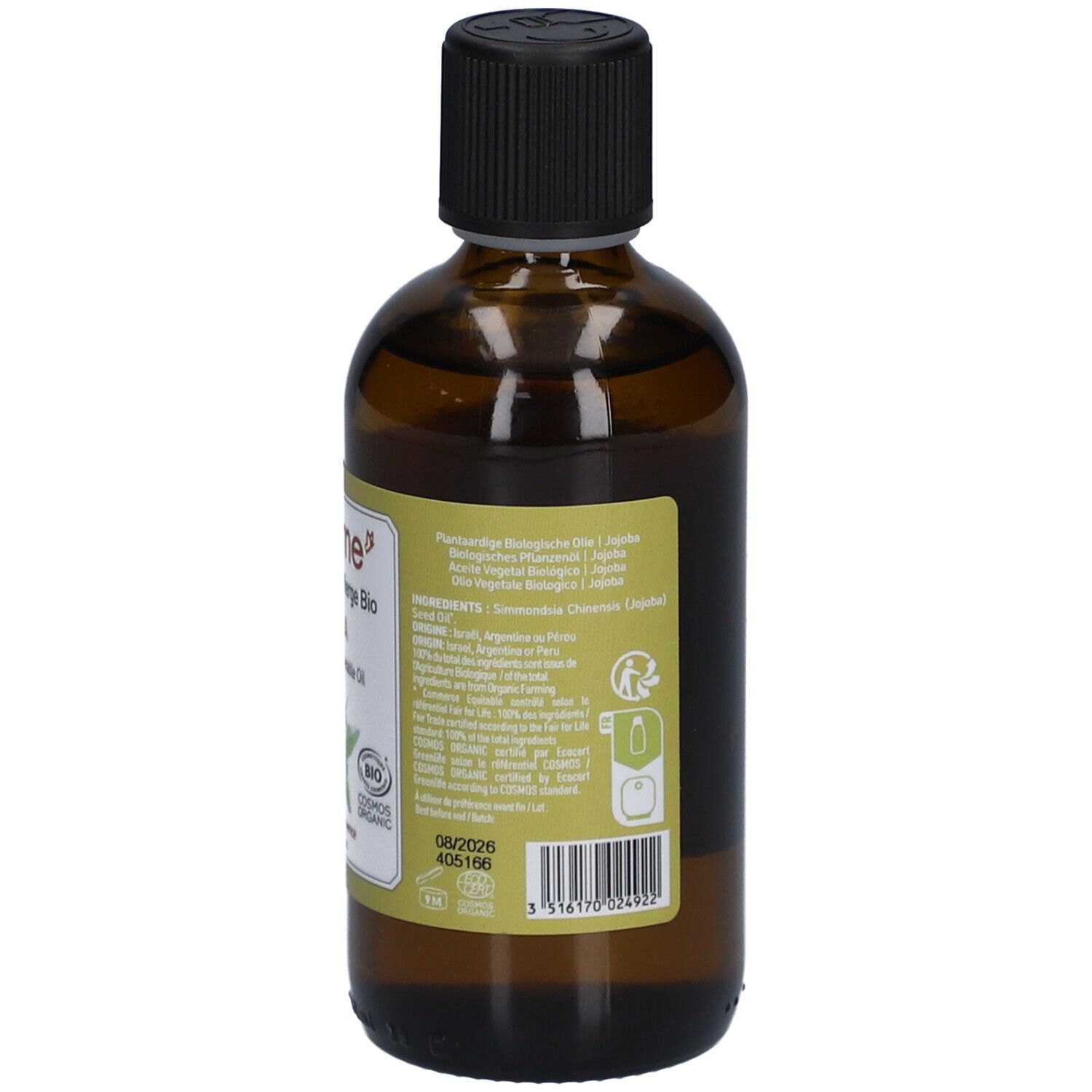 Dos d'une bouteille en verre brun avec bouchon noir. Étiquette avec texte et logos. Certification bio et code-barres.