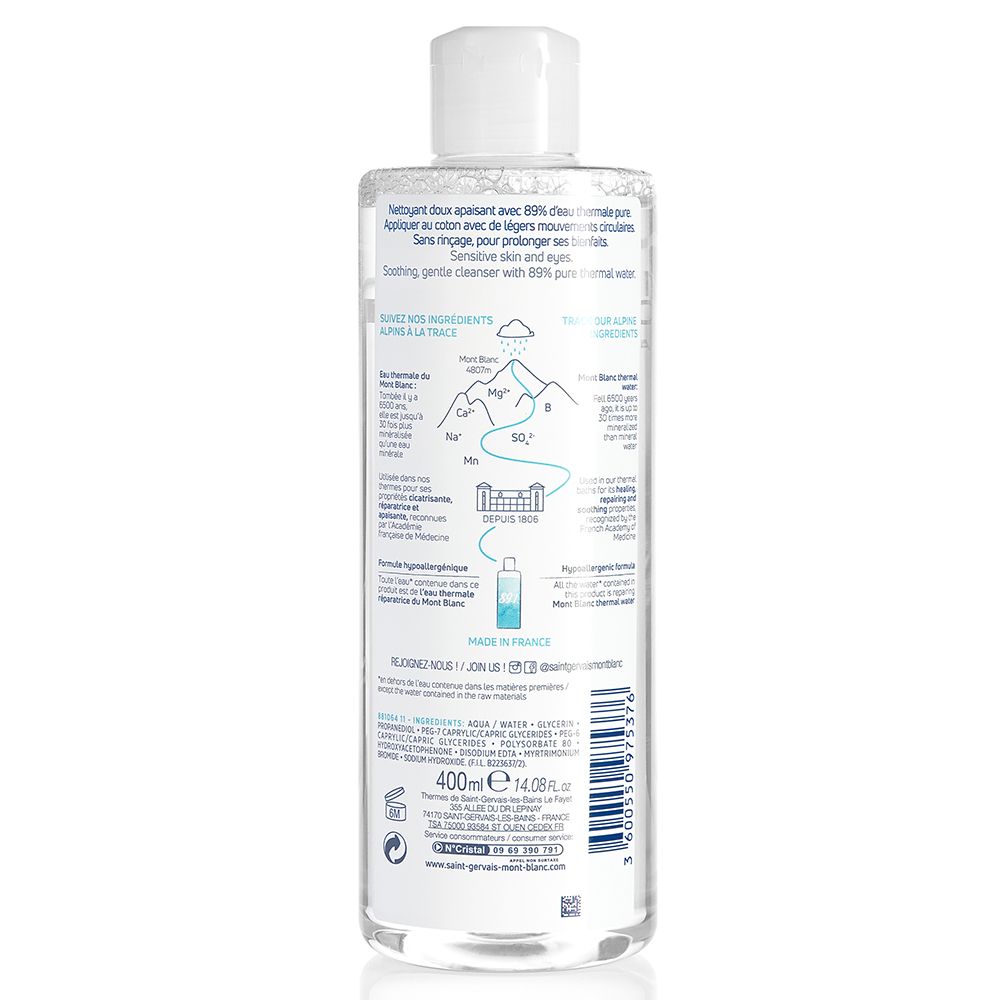 Achterkant van de fles. Tekst: gebruik, ingrediënten, mineralen. 400ml. Logo: Saint-Gervais. Meertalige informatie.