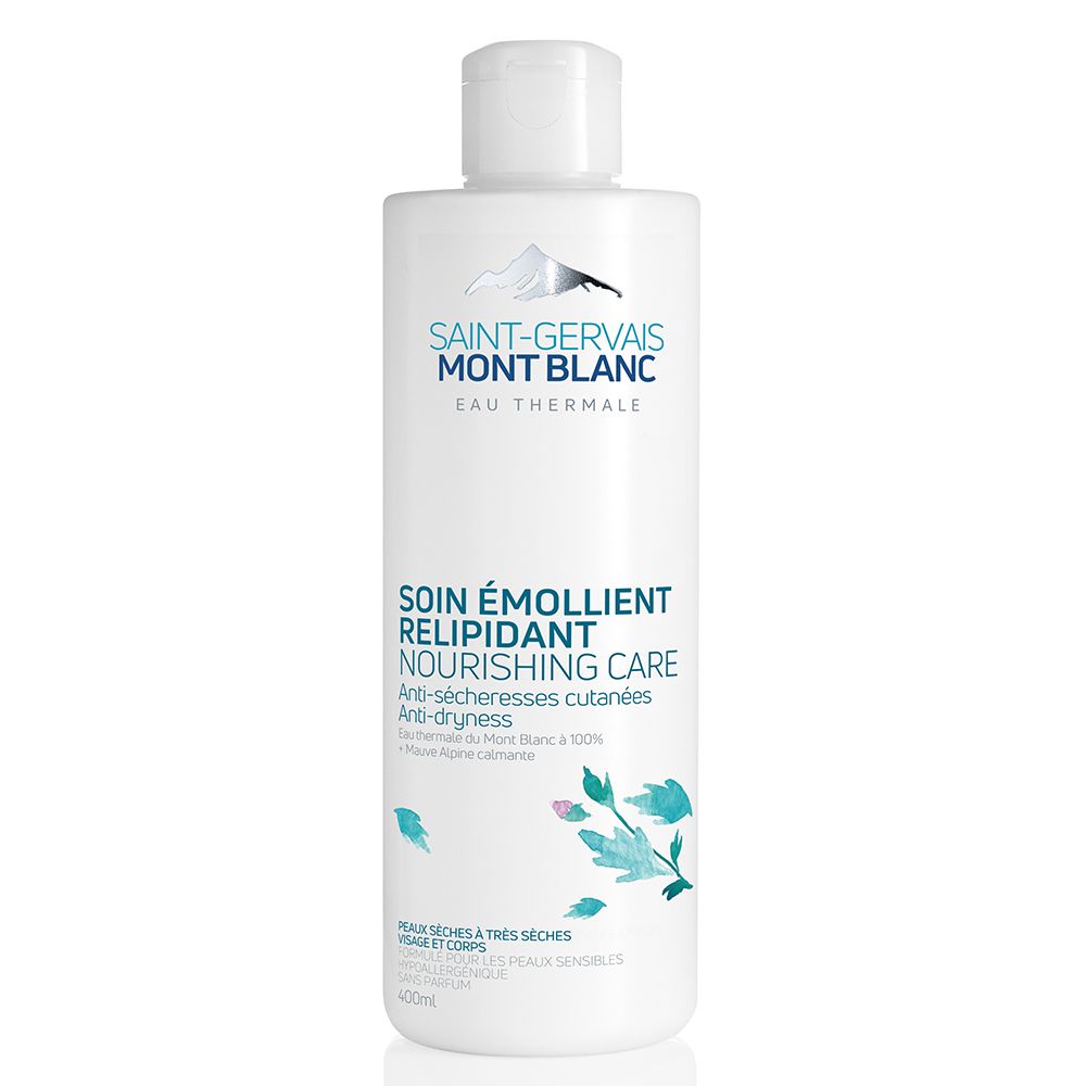 Flacon blanc avec étiquette. Texte: Saint-Gervais Mont Blanc, Nourishing Care. Pour peaux sèches.