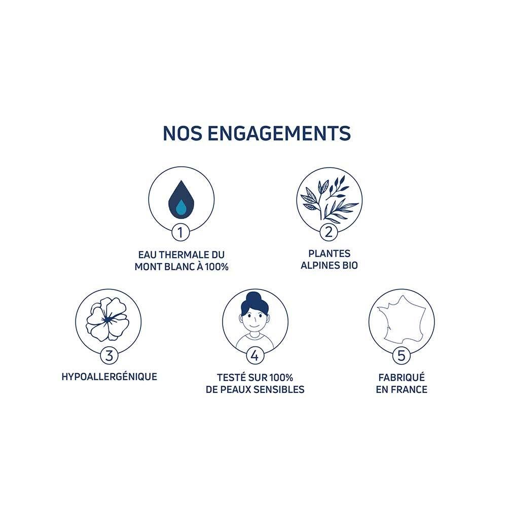 Graphique avec logos et texte. Eau, plantes alpines bio, hypoallergénique, testé sur peaux sensibles, fabriqué en France.