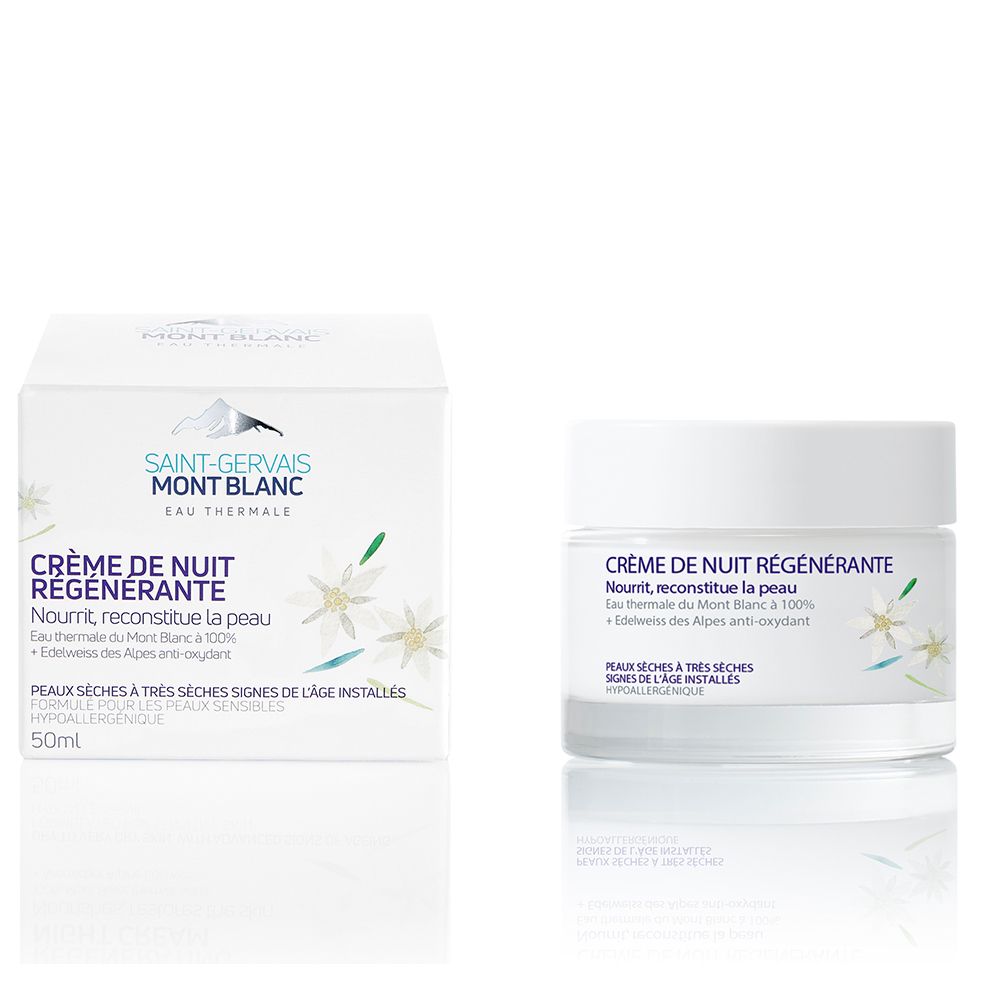 Emballage et pot de produit. Inscription: Crème de Nuit Régénérante. Pour peaux sèches à très sèches. 50ml.