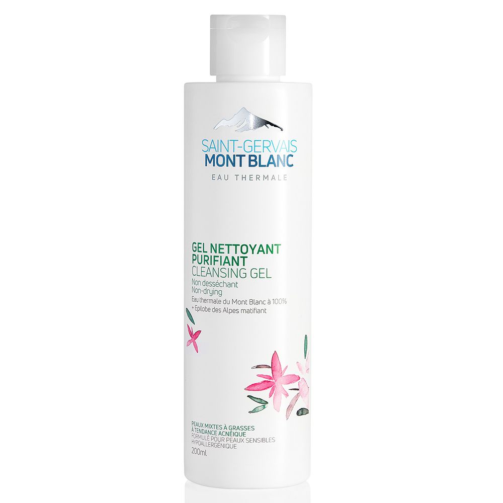 Gel nettoyant blanc Saint-Gervais Mont Blanc. Inscription: Gel Nettoyant Purifiant, Eau Thermale. Décor floral.