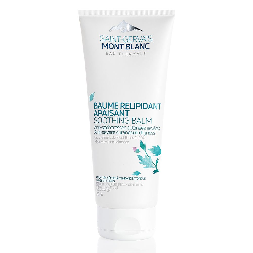 Witte tube met tekst en logo. Tekst: Baume Relipidant Apaisant, Soothing Balm. Merk: SAINT-GERVAIS Mont Blanc.