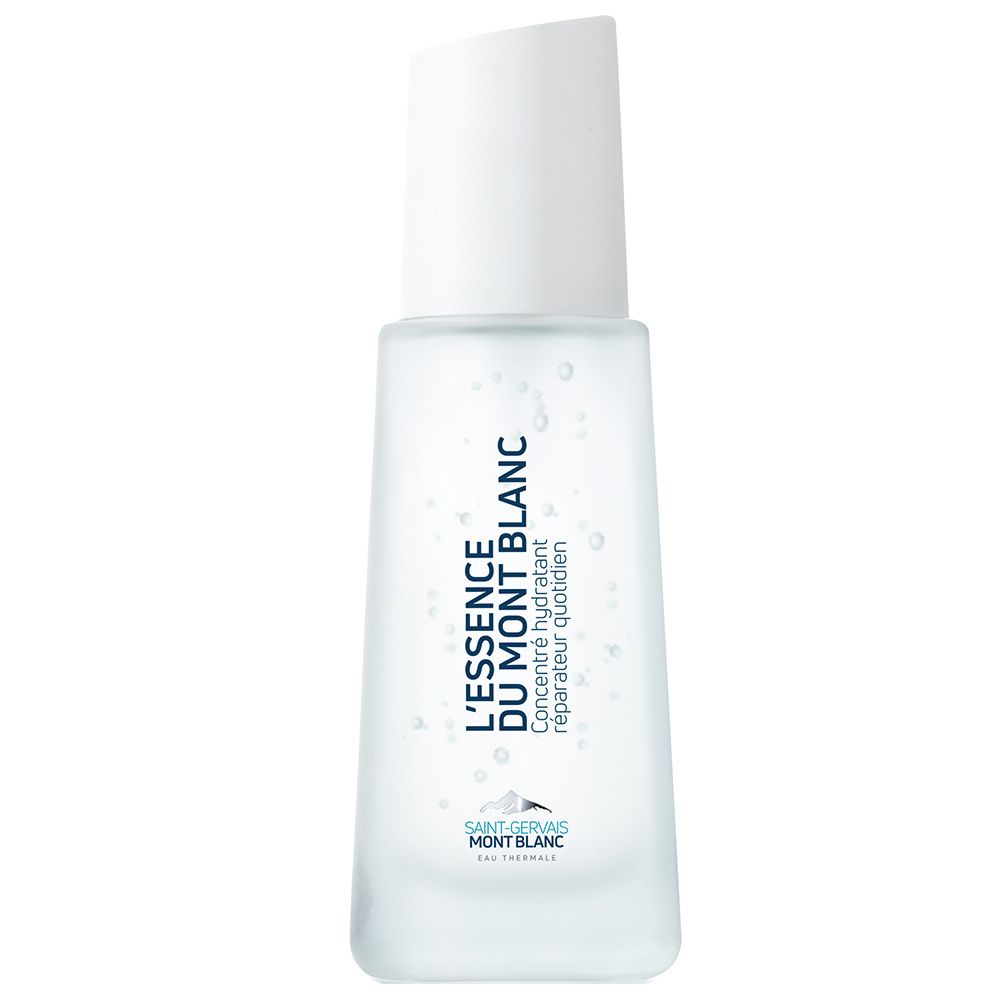 Concentré liquide clair dans un flacon blanc avec bouchon blanc. Texte : L'Essence du Mont Blanc.