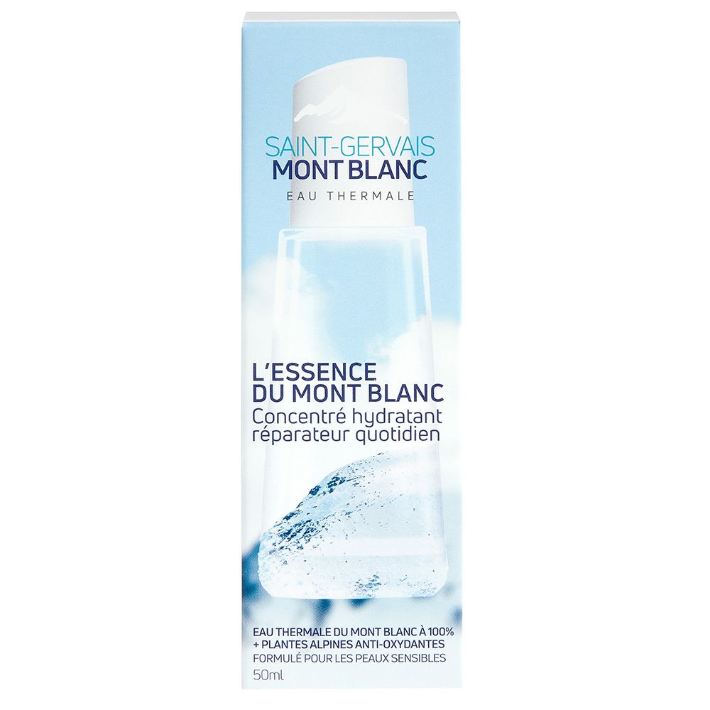 Emballage du produit avec flacon. Emballage blanc et bleu. Texte : L'Essence du Mont Blanc. Illustration d'eau.