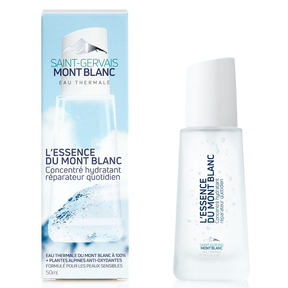 Produit et emballage côte à côte. Flacon et boîte. Texte : L'Essence du Mont Blanc. Illustration d'eau.