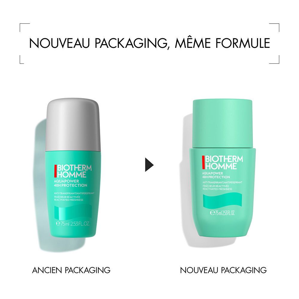 Comparaison de deux déodorants roll-on. Gauche : ancien design. Droite : nouveau design. Texte : Nouveau packaging, même formule.