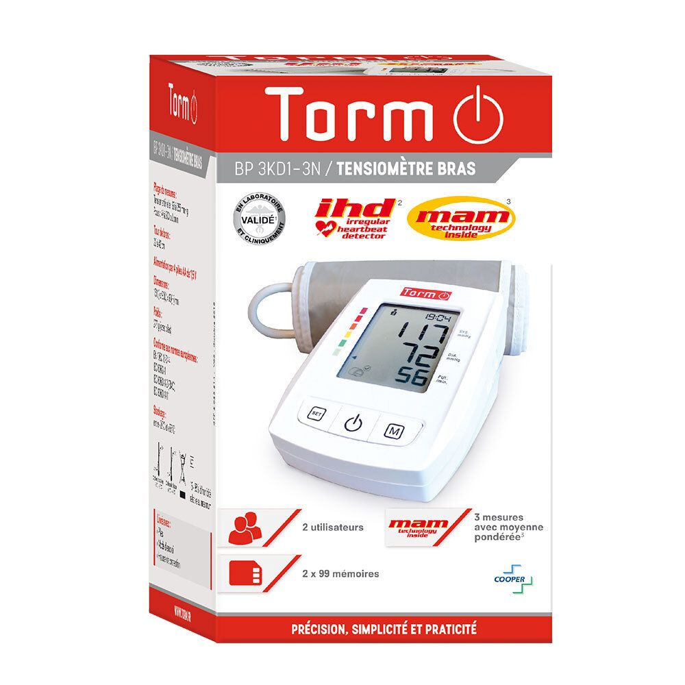 Bloeddrukmeter met manchet en display. Verpakking met productinfo en logo Torm.