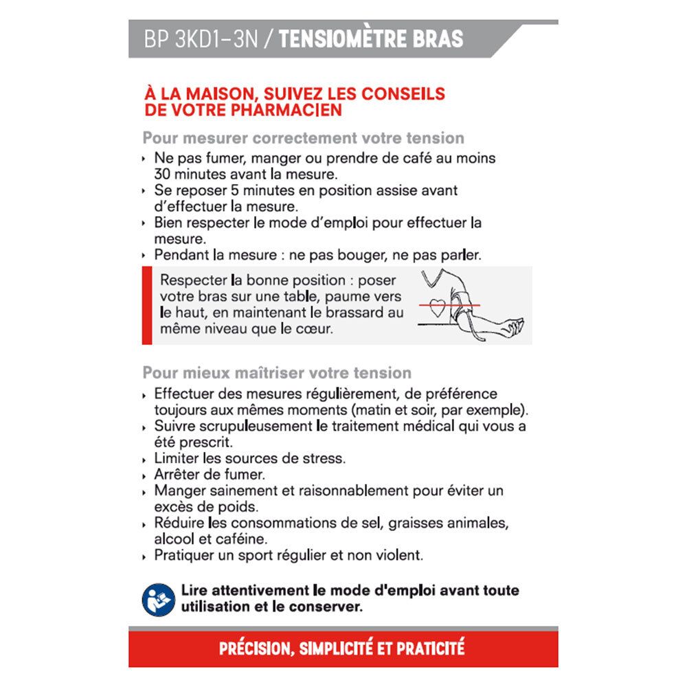 Instructies voor bloeddrukmeting. Franse tekst. Illustratie van een arm.