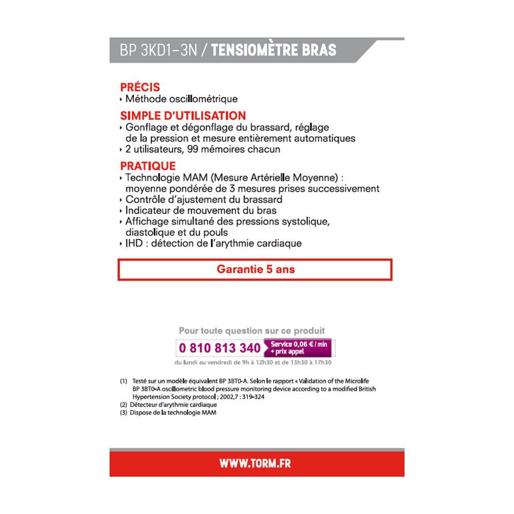 Technische specificaties van de bloeddrukmeter. Franse tekst. Garantie-informatie.