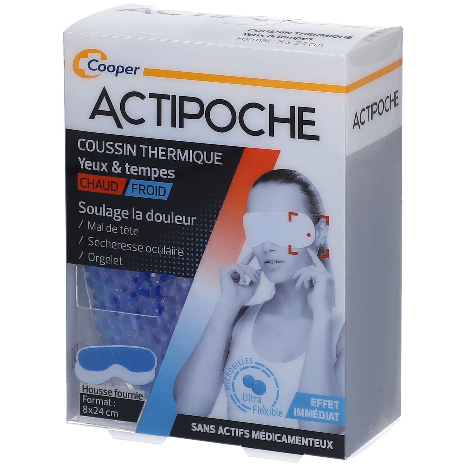Boîte Actipoche, coussin thermique yeux & tempes. Visible : produit, femme avec bandeau, microbilles bleues, format 8x24cm.