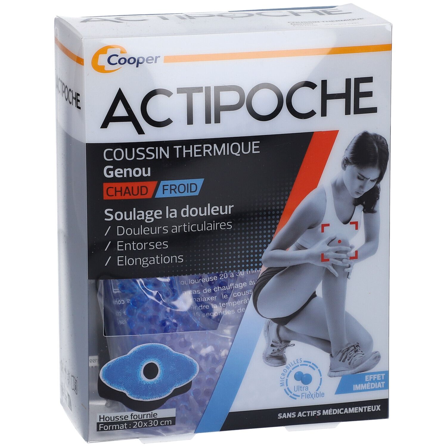 Verpakking ACTIPOCHE Thermisch Kniekussen. Productafbeelding en tekst. Afmetingen: 20x30 cm.