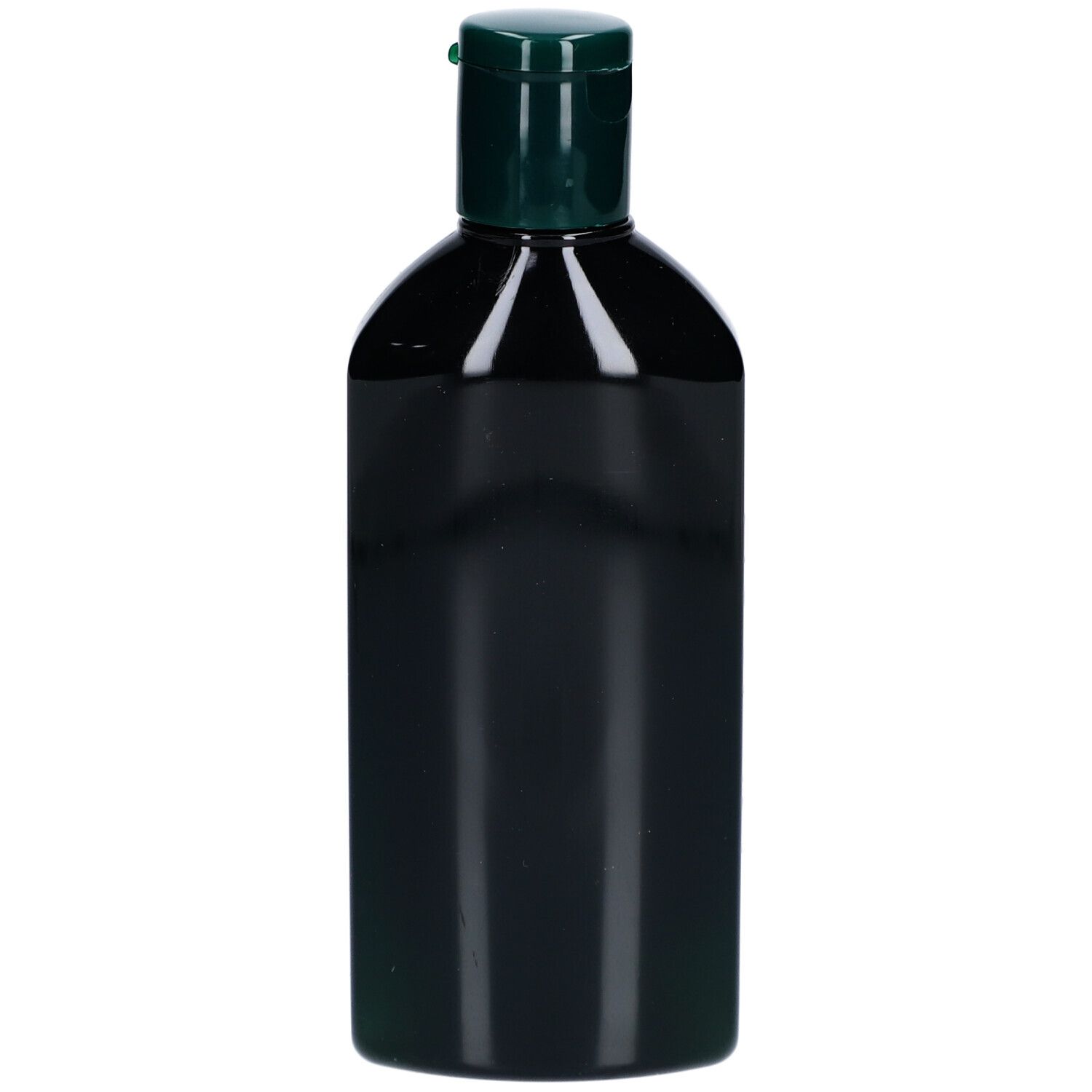 Zwarte fles met groene dop. Geen productaanduiding zichtbaar.