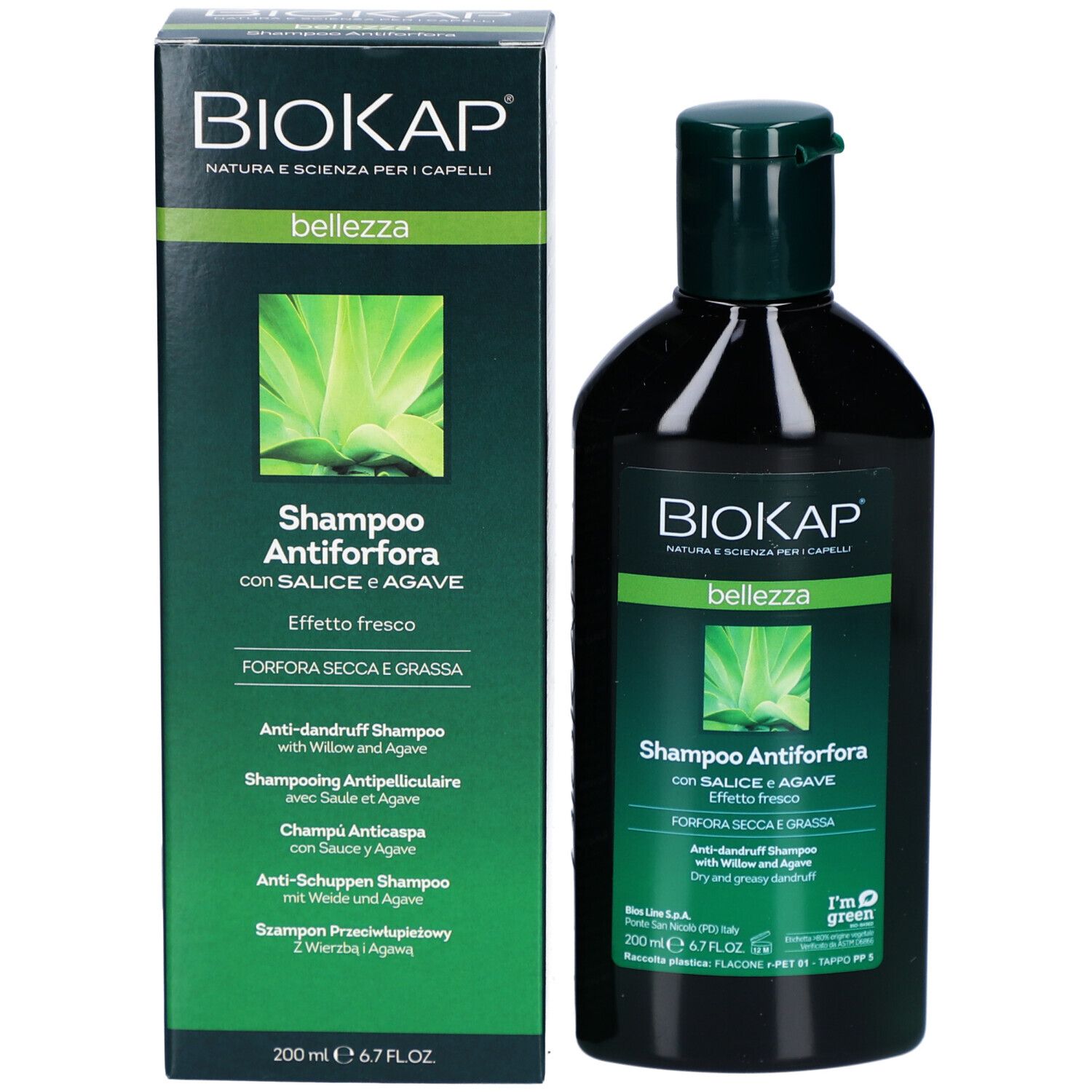 BIOKAP Anti-roosshampoo met verpakking. Zwarte fles met groene dop. Groene verpakking ernaast.